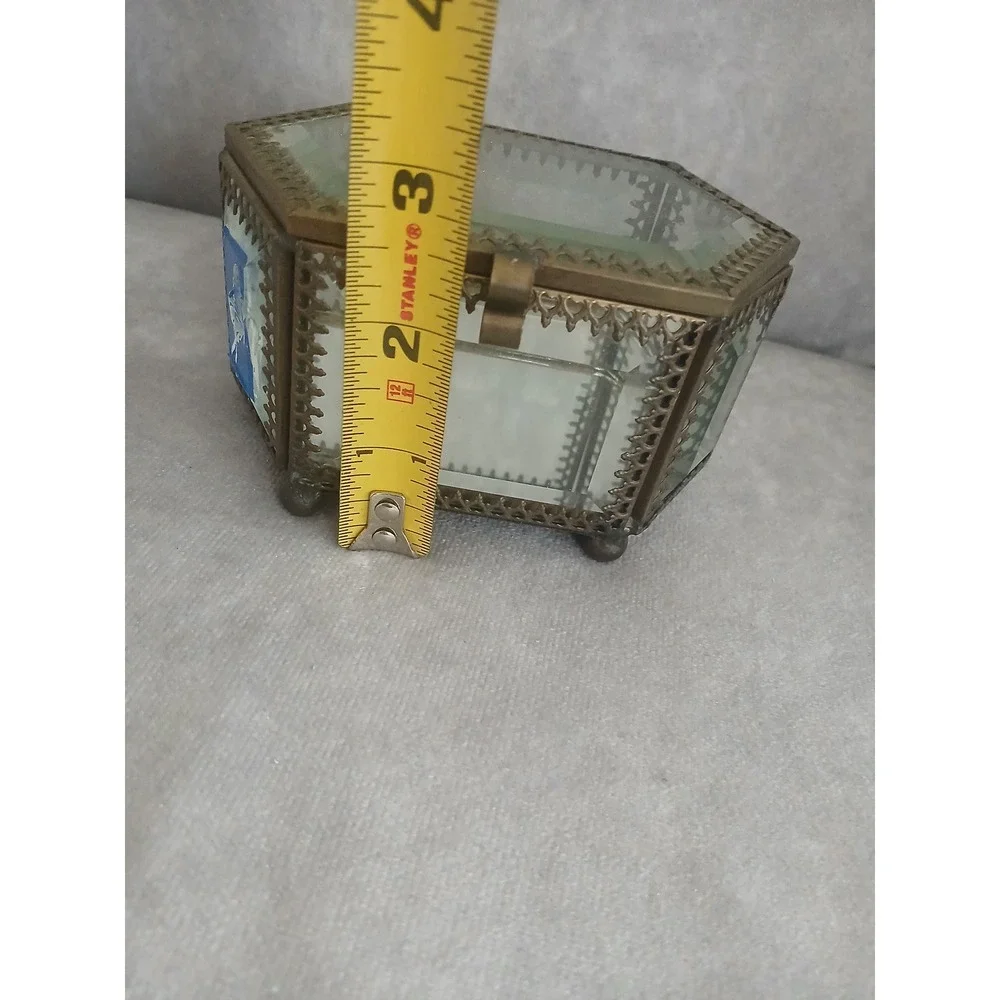 Vintage Beveled Glass Brass Hexagon Jewelry Box Butterfly Trinket Mirror Bottom